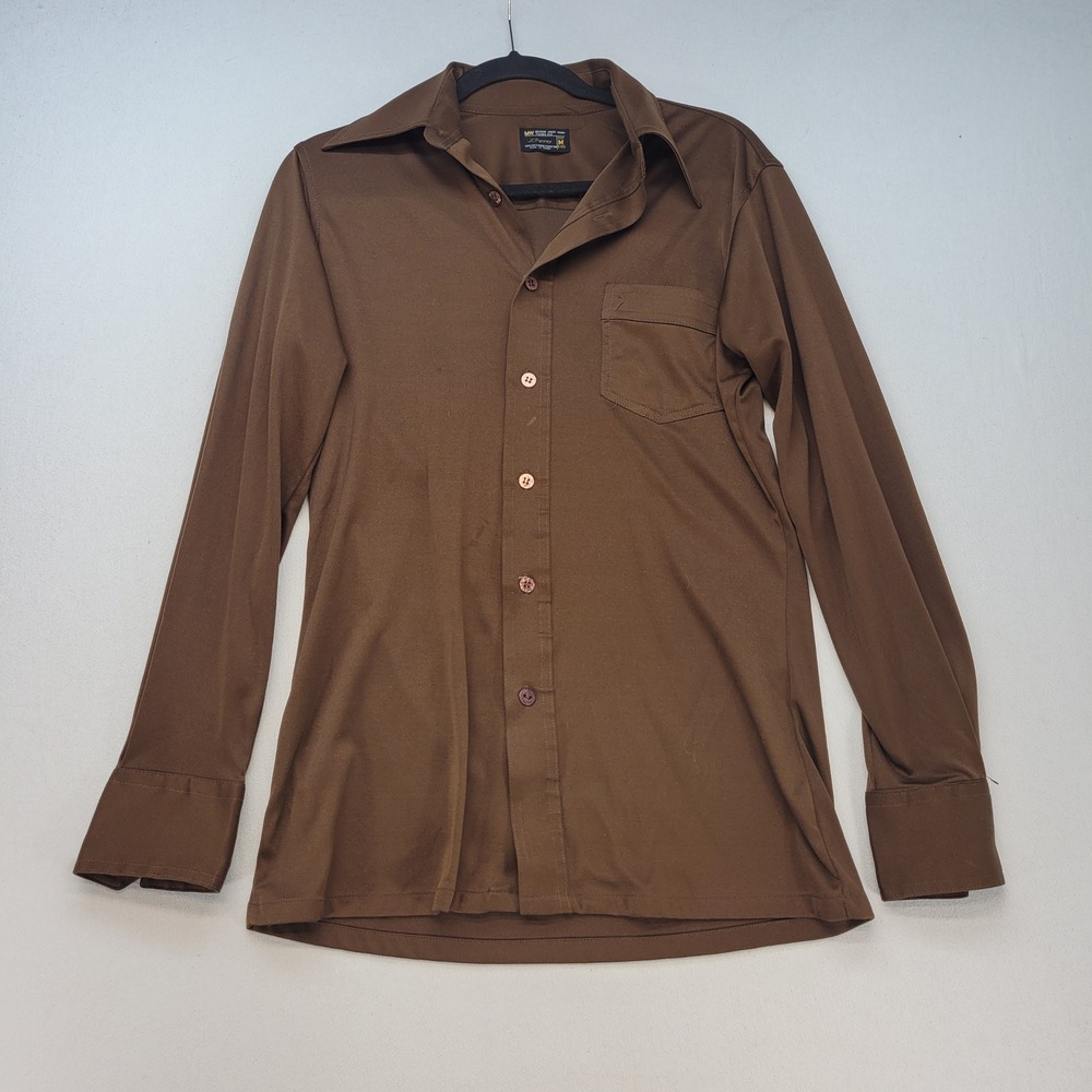 JCPenney Button Up Shirt Mens Medium Brown Vintage 70s Polyester Long Sleeve